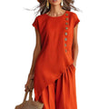 Amazon european fashion casual chic solid color crew neck irregular top & summer casual pants two-piece set