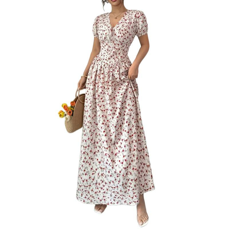 listing: new  women's original elegant lace-up v-neck puff sleeve printed dress