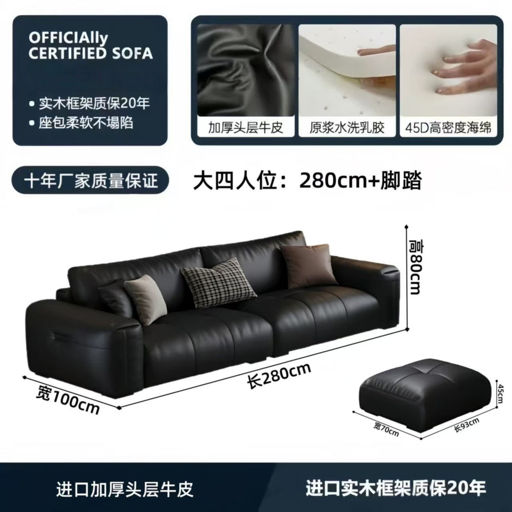 Italian minimalist genuine leather sofa, perfect for small apartments. black, top-grain cowhide, straight-row, high-end leather sofa for home living rooms