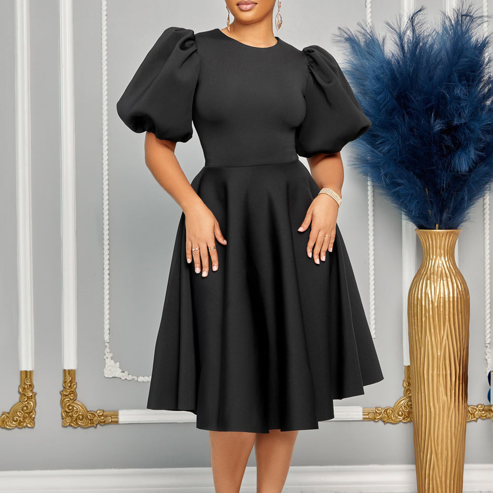 D3178 cross-border fashion  round neck elegant puff sleeve waist large swing dress a-line foreign trade dress
