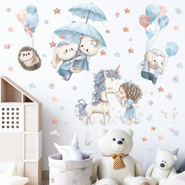 Small size amazon sticker balloon unicorn girl sticker kids room cartoon elephant animal wall sticker