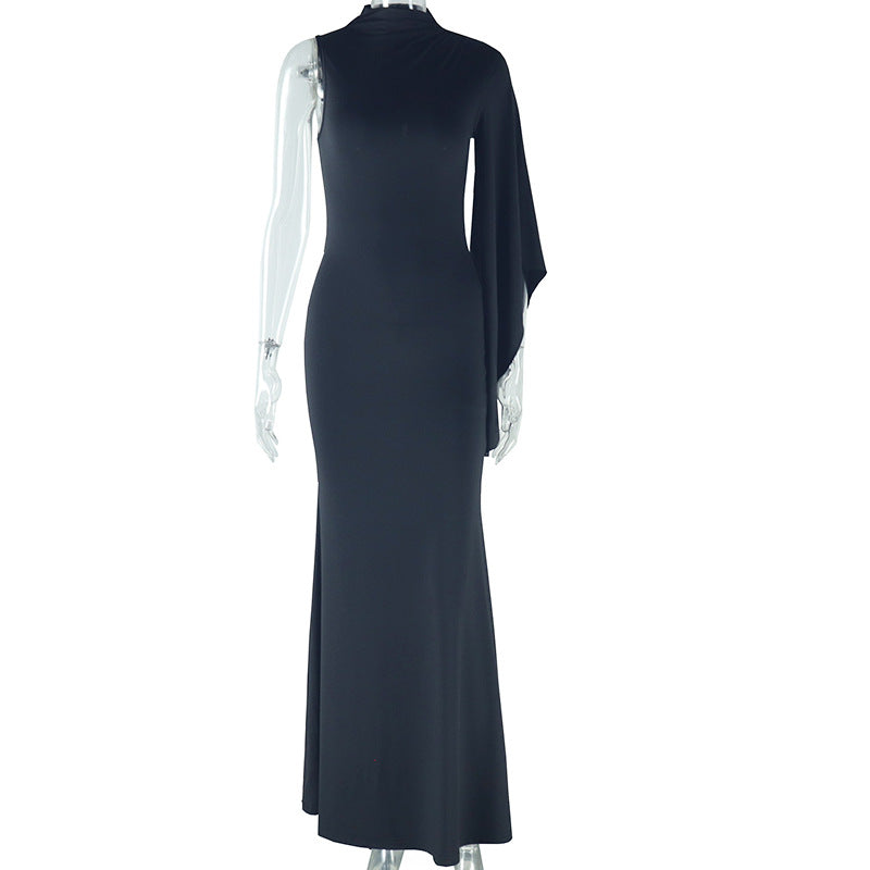 European and American style ins  women's clothing solid color dress single sleeve round neck pullover temperament casual skirt trendy dress