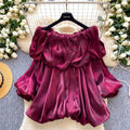 Korean style off-the-shoulder ruffle lantern sleeve blouse - women's spring new arrival, chic, trendy, and versatile pink top for work and casual wear