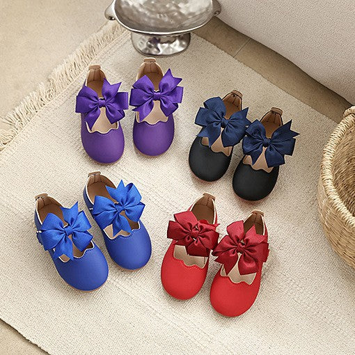 spring/autumn korean style girls' big bow princess shoes, wavy edge soft sole baby first walker leather shoes, multiple colors