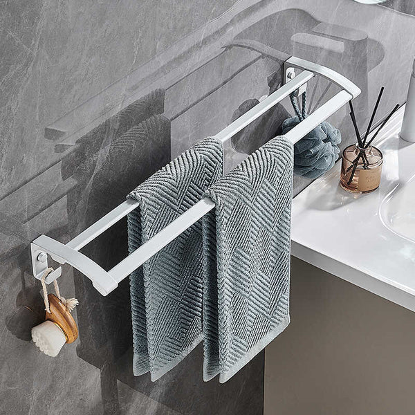 Silver towel rack No punching toilet Bathroom rack Kitchen towel drying rack Space aluminum double bar