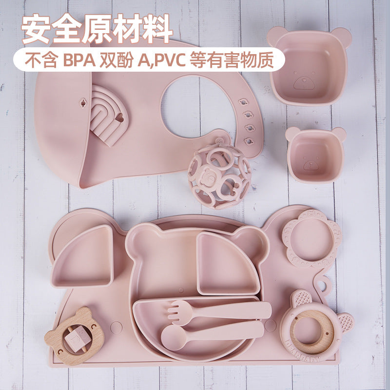Customized silicone baby tableware set Children's complementary food bowl set Anti-drop grid tableware Silicone bib saliva pocket