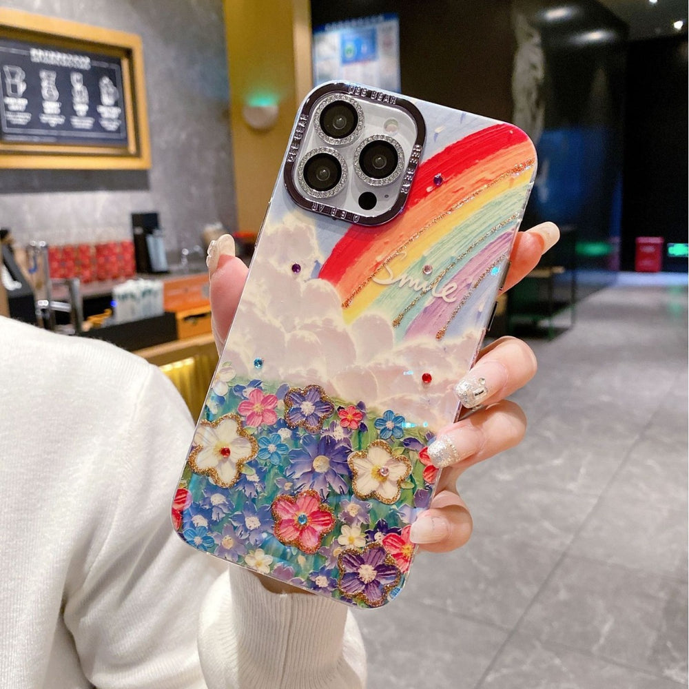 Rainbow floral oil painting iphone 17 pro max diamond glitter phone case, luxury shockproof protective cover for iphone 16 & 15, compatible with iphone 13