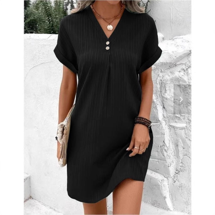 Cross-border European and American women's clothing 2025 new  V-neck solid color pullover comfortable and casual button dress