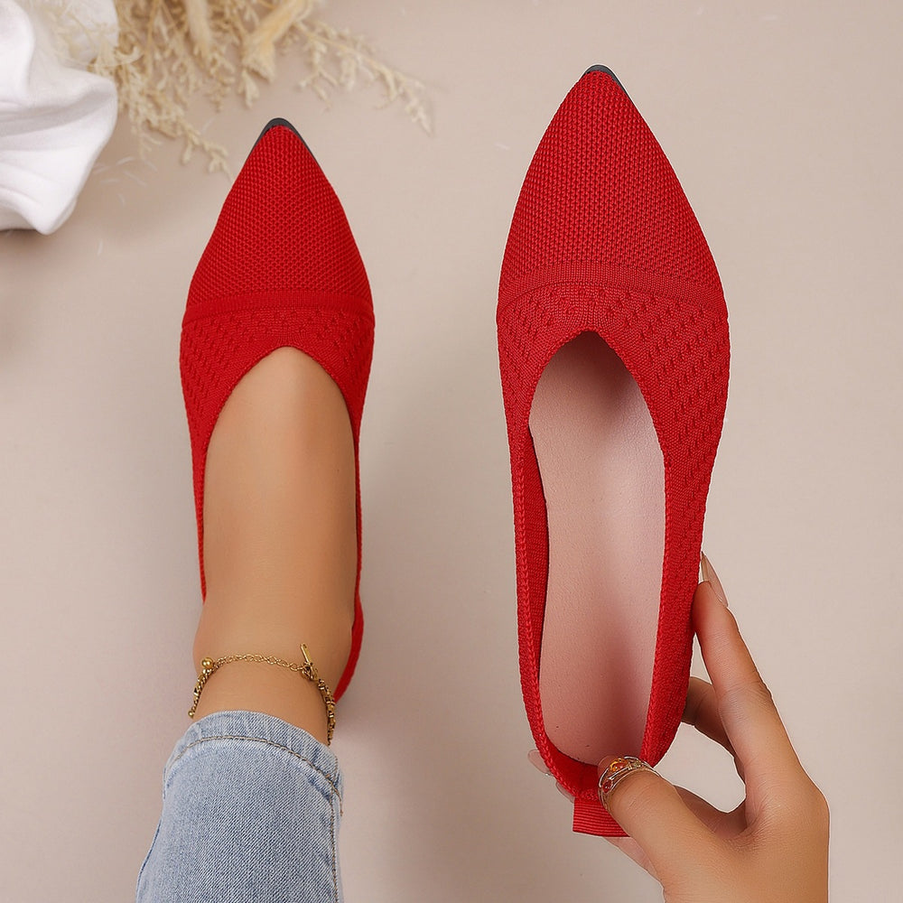 new pointed-toe knitted flats: women's solid color casual slip-on breathable flyknit all-season work shoes