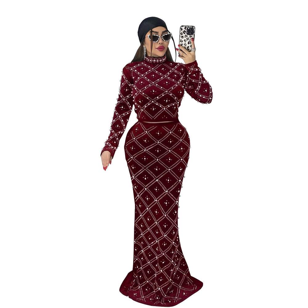 C7618 cross-border   fashion women's elegance hot diamond bubble beads tops long skirt two-piece set