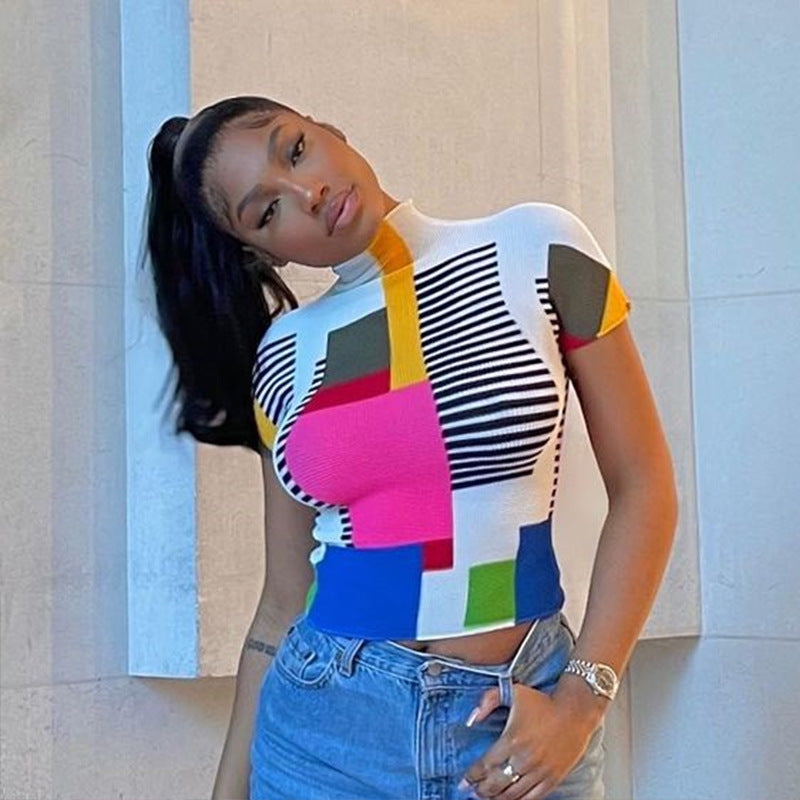 European and American   manufacturers 2022 new street hipster semi-turtleneck women's short-sleeved geometric printing slim-fit T-shirt