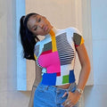 European and american cross-border trade manufacturer  new street style trendy mock neck women's short sleeve geometric print slim fit t-shirt