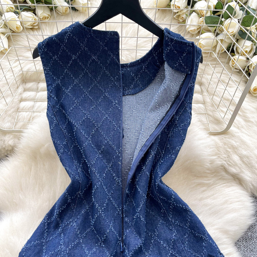 Denim dress women's  summer sense of design niche stylebows straps waist round neck sleeveless vest short skirt
