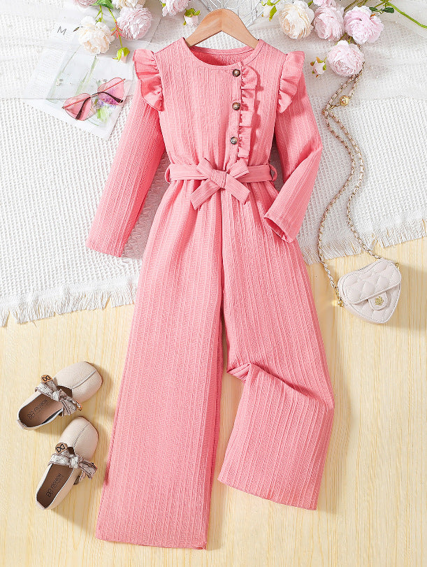 Girls' sleeveless romper dress with lace trim, chanel-inspired cinched waist, striped detail, and belted premium autumn jumpsuit pants
