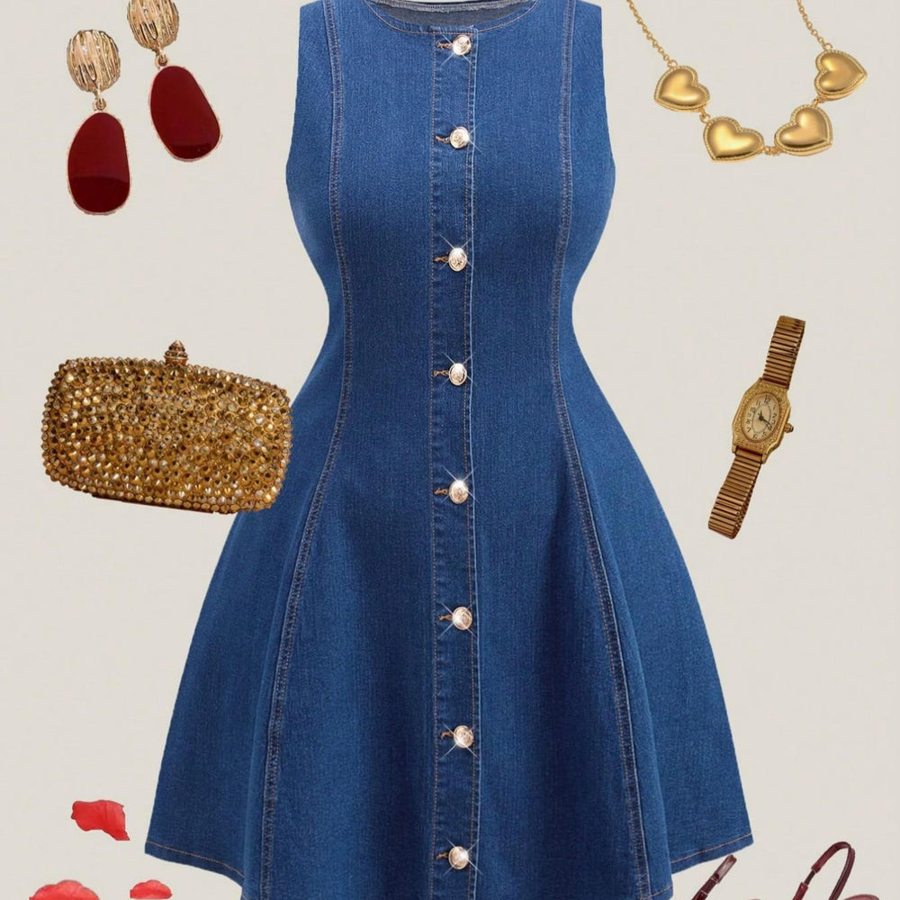 new arrival: plus-size french style sleeveless single-breasted denim a-line dress for women - perfect for , , and european & american markets