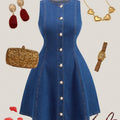 new arrival: plus-size french style sleeveless single-breasted denim a-line dress for women - perfect for , , and european & american markets