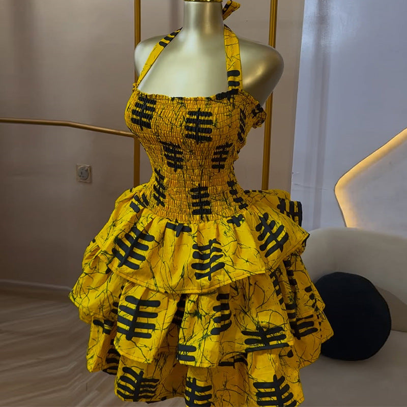European and american cross-border women's fashion:  autumn new arrivals - sexy and elegant square neck bandeau halter neck printed ruffle trim dress