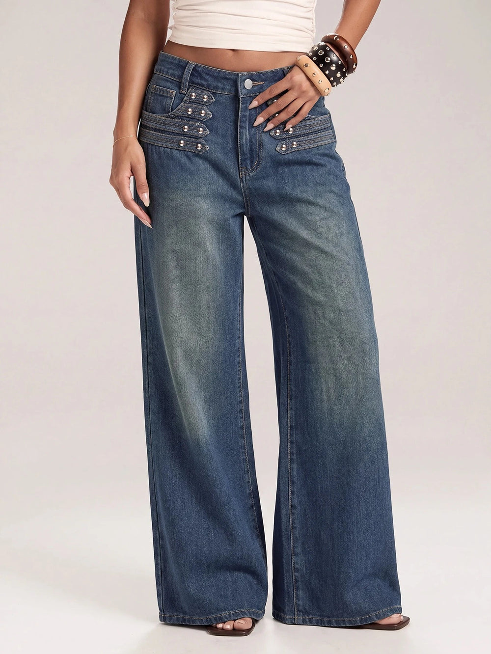 European and american style women's vintage high-waisted studded wide-leg jeans - washed, distressed, multi-row button detail, relaxed fit long pants