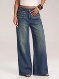 European and american style women's vintage high-waisted studded wide-leg jeans - washed, distressed, multi-row button detail, relaxed fit long pants