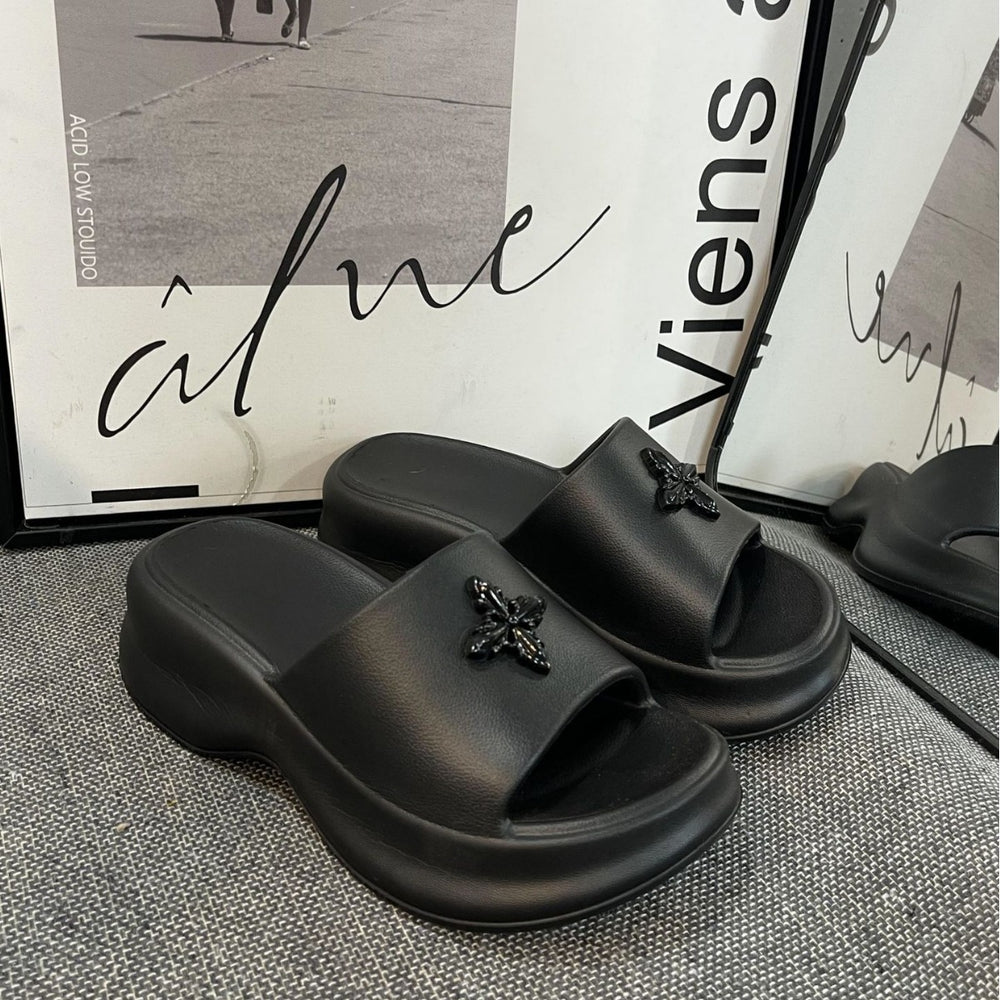 2025 summer new one-strap platform heeled slides - women's wedge sandals with thick sole for height increase, beach shoes, and lazy day comfort