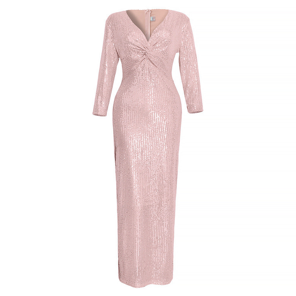 e-commerce african women's clothing, multi-color v-neck sequin long-sleeved mermaid evening gown, european and american style dress