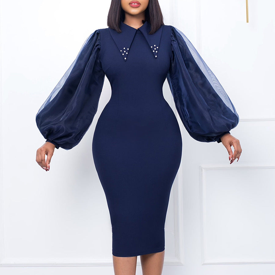 D307 european and american style women's spring/autumn long sleeve plus size bodycon beaded mesh panel commuter pencil skirt foreign trade dress