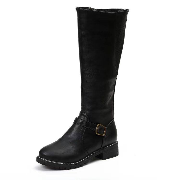 fall and winternew arrivalfashion side zipper round head belt buckle knee high women's knight boots in stockplus size boots for women