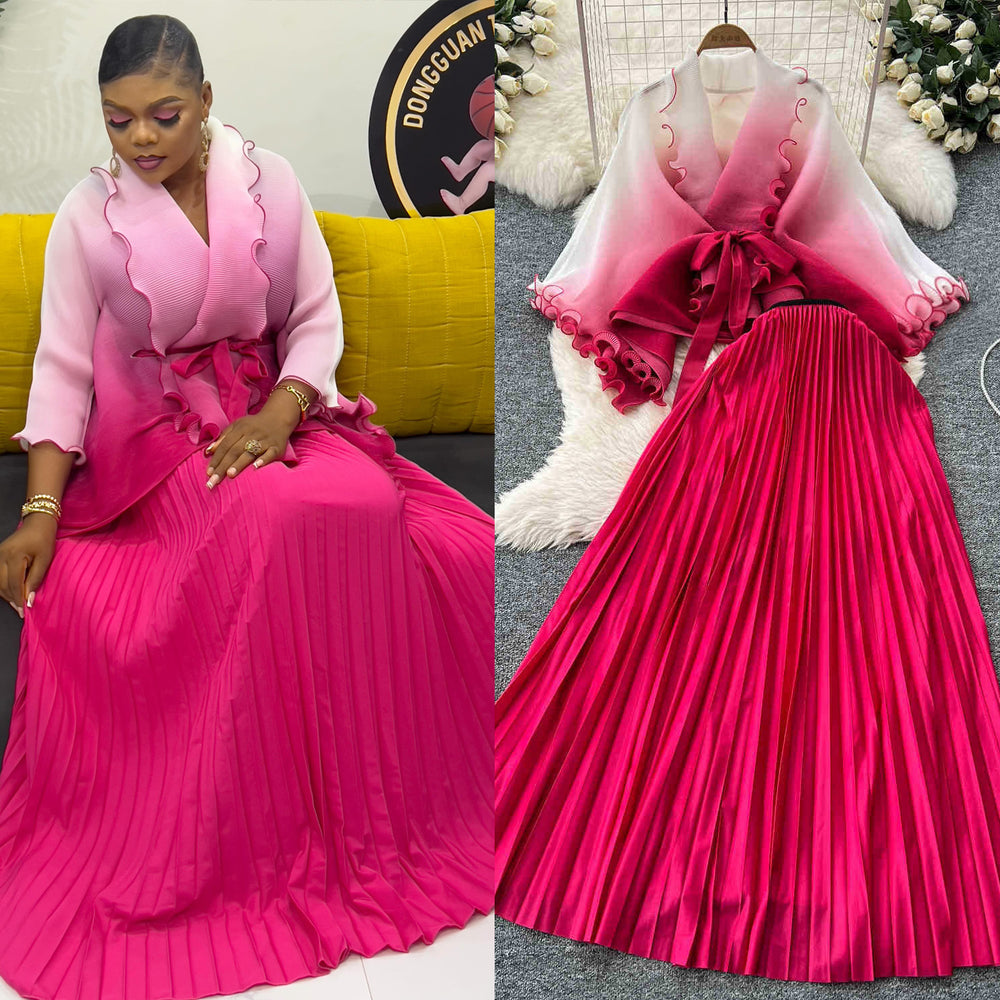 Fashion pleated suit women's strappy waist gradient color pressed pleated cardigantopshigh waistpleated skirttwo-piece set