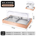 Stainless steel rose gold outer frame + bottom basin 6.5cm high + double grid inner basin with dense holes 4cm high + double flip lids (with 3 ice plates)