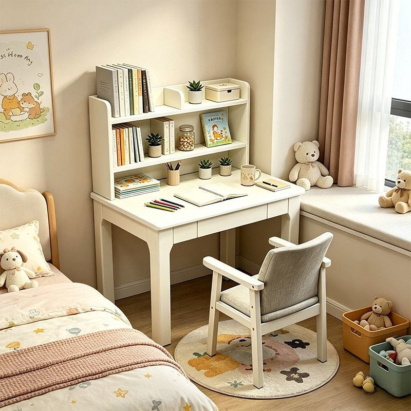 Nordic solid wood computer desk with integrated bookshelf - student study table for home, bedroom, bedside, and minimalist office use