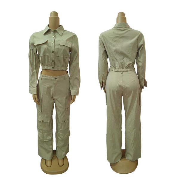 New  African women's suit, fashionable lapel top jacket + multi-pocket straight pants work pants two-piece set