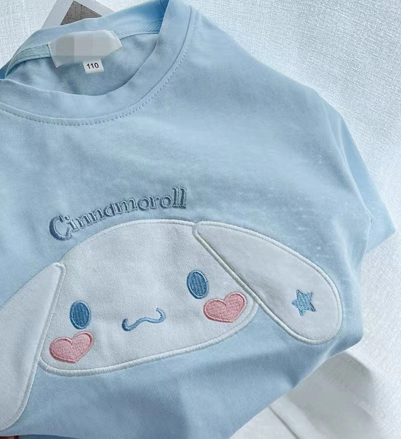 Hot-selling cross-border new arrivals: girls' short-sleeve t-shirts for summer, featuring my melody, cinnamoroll, and kuromi cartoon designs on cotton tops
