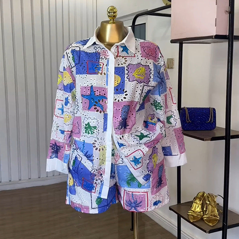 European and american cross-border women's fashion:  summer new collection - stylish printed, cutout, turn-down collar, long-sleeve shirt and shorts casual set