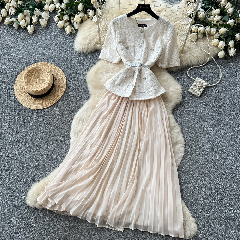 Xiaoxiangfengsequin short-sleeved sequinpleated dress women's summerclassy waist slimming lookpleated long skirtwork clothing