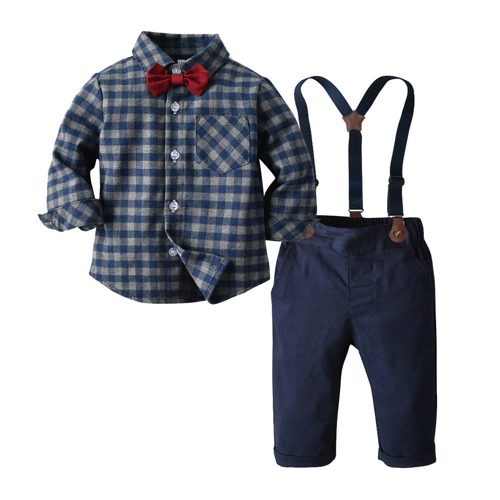 Factory direct export british style children's clothing set: long-sleeved plaid shirt and overalls - new spring collection for boys