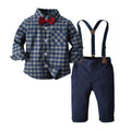 Factory direct export british style children's clothing set: long-sleeved plaid shirt and overalls - new spring collection for boys
