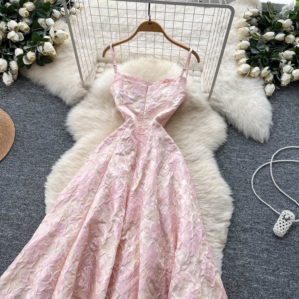French style women's luxury party dress - elegant, high-end, and chic. features a spaghetti strap, cinched waist, jacquard design, and a flattering, slimming fit. perfect for summer, this dress creates a beautiful, fluffy silhouette