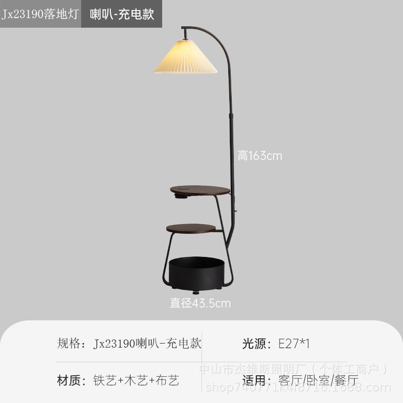 Cream style with shelves, multi-layer solid wood side table, storage floor lamp, pleated lampshade next to the sofa, reading atmosphere lamp