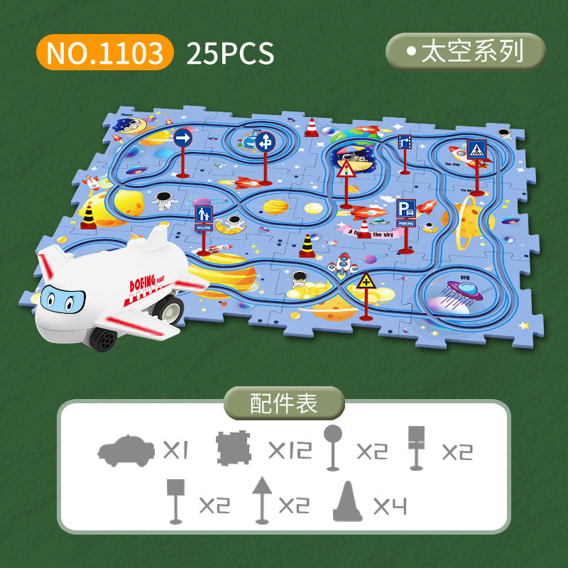 Diy children's educational track car set - multiple scene city map building electric puzzle track car