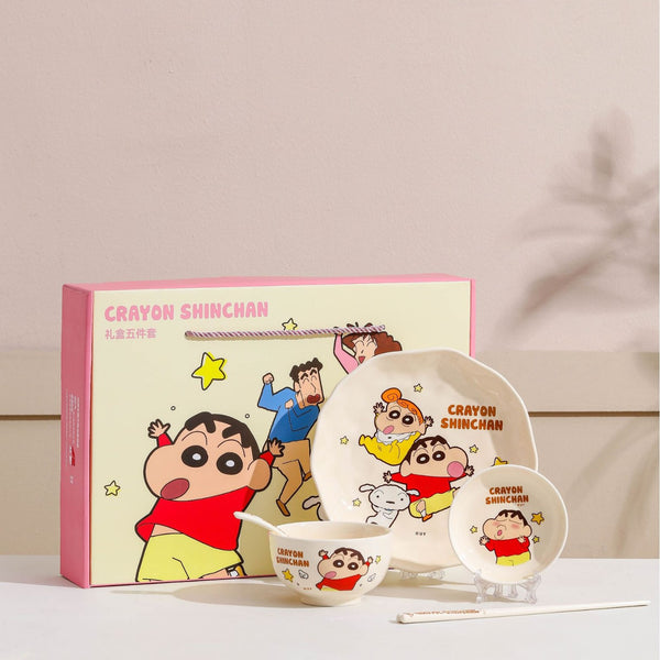 Crayon Xiaoxin Ceramic Tableware Set Cartoon Ceramic Bowls, Discs, Flavoring Dishes, High-value Dishes, Dishes, Spoons and Chopsticks Five Pieces