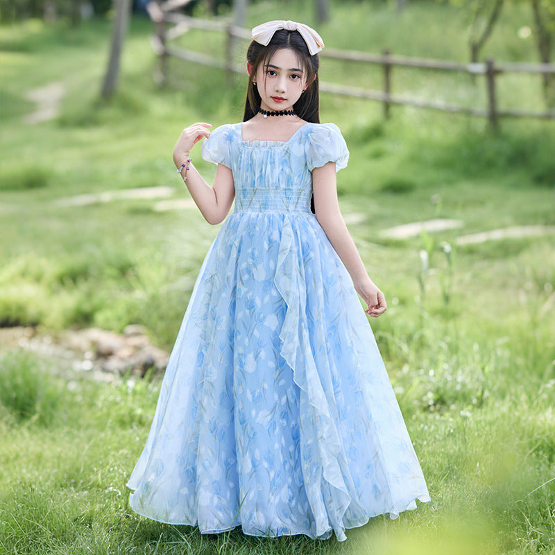 Girldressprintingfloralsprincess skirt long skirt forest style pastoral chiffon waist slimming lookkids skirt lady