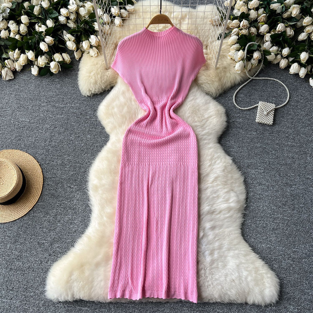 Elegant women's dress  new arrival: high-end round neck short sleeve bodycon knit dress with elastic waist and hip-hugging design