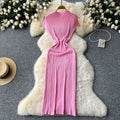Elegant women's dress  new arrival: high-end round neck short sleeve bodycon knit dress with elastic waist and hip-hugging design