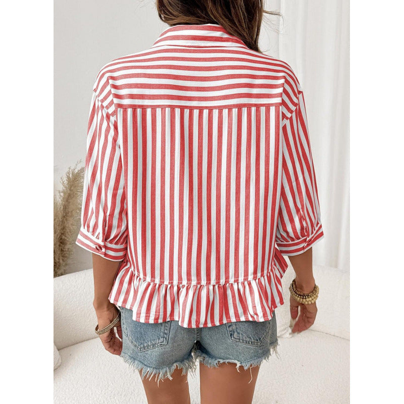 fashion button stripesshortshirt women's  summer new elegant formal casualtops