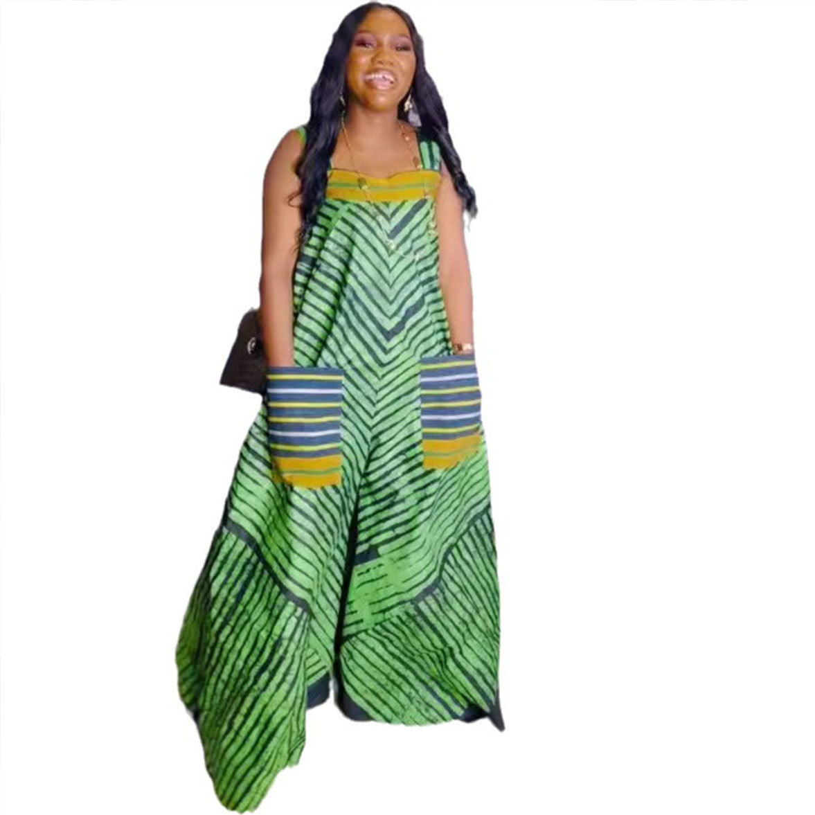 S10819 European and American sexy, printed contrasting colors oversized wide-leg suspender jumpsuit