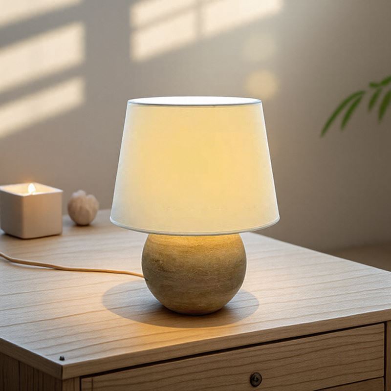 Wabi-sabi style natural travertine table lamp, vintage and mid-century modern bedroom and living room ambient lighting, japanese and korean ins-style bedside lamp