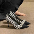 2023new arrival tweed style stiletto heel best selling french chidori grids high heels color matching easiest for match pearl flats women's fall and winter