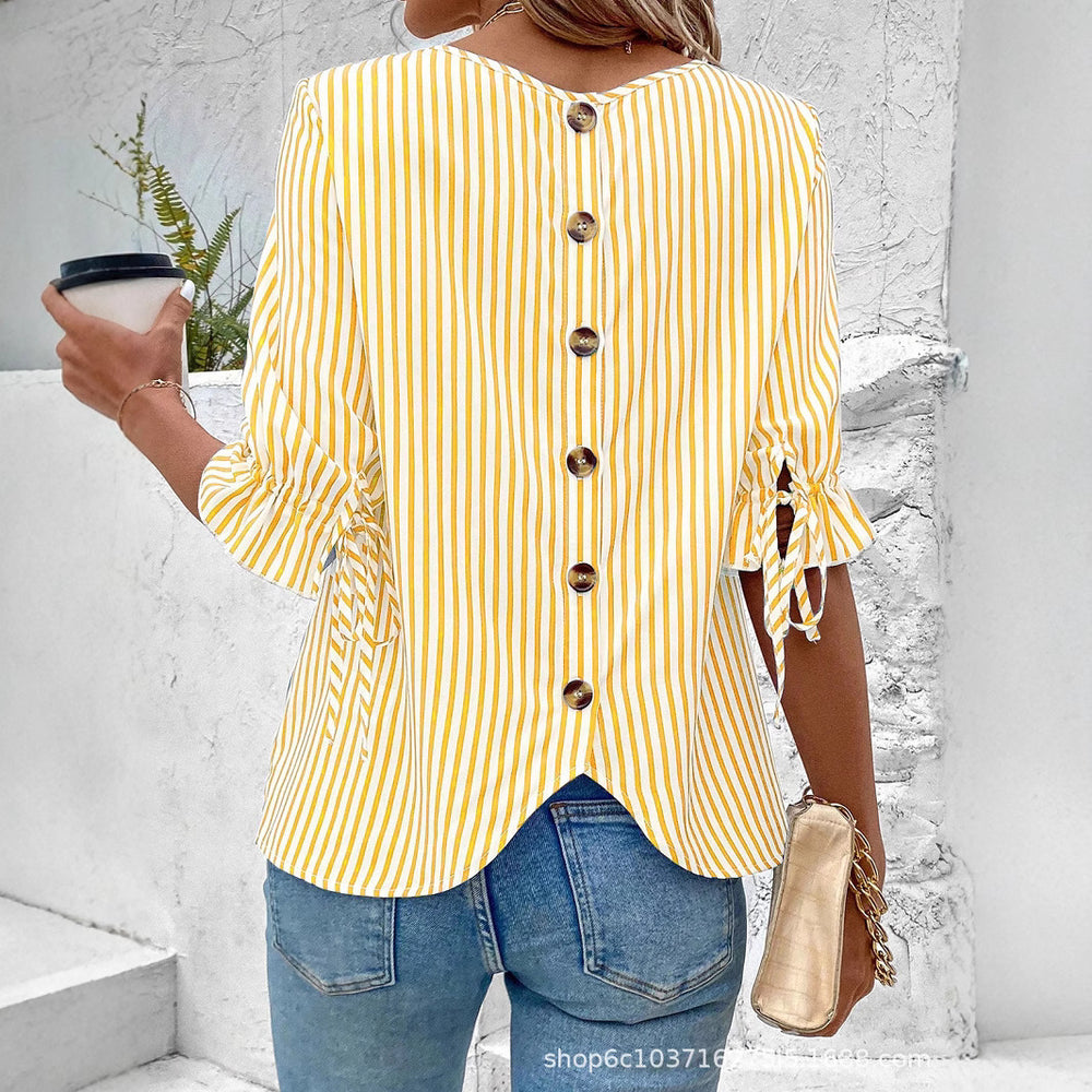 European and american cross-border women's clothing : spring/summer striped cardigan blouse - new loose fit casual women's top