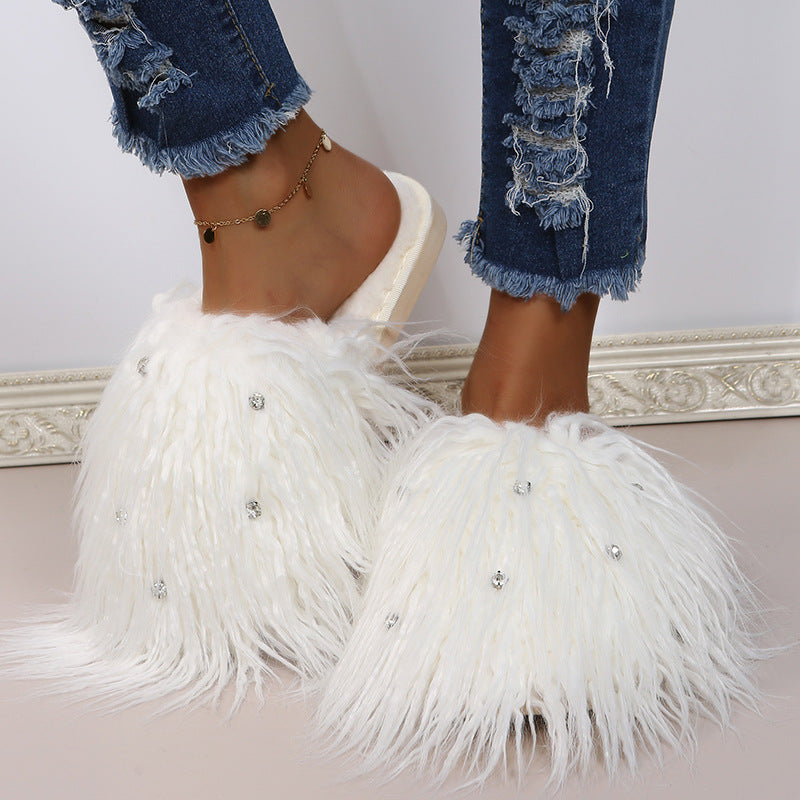 Slippers long hair fall and winter women's baotou k-style fashion rhinestone fur baotou slippers artificial fur wooden floor artificial fur
