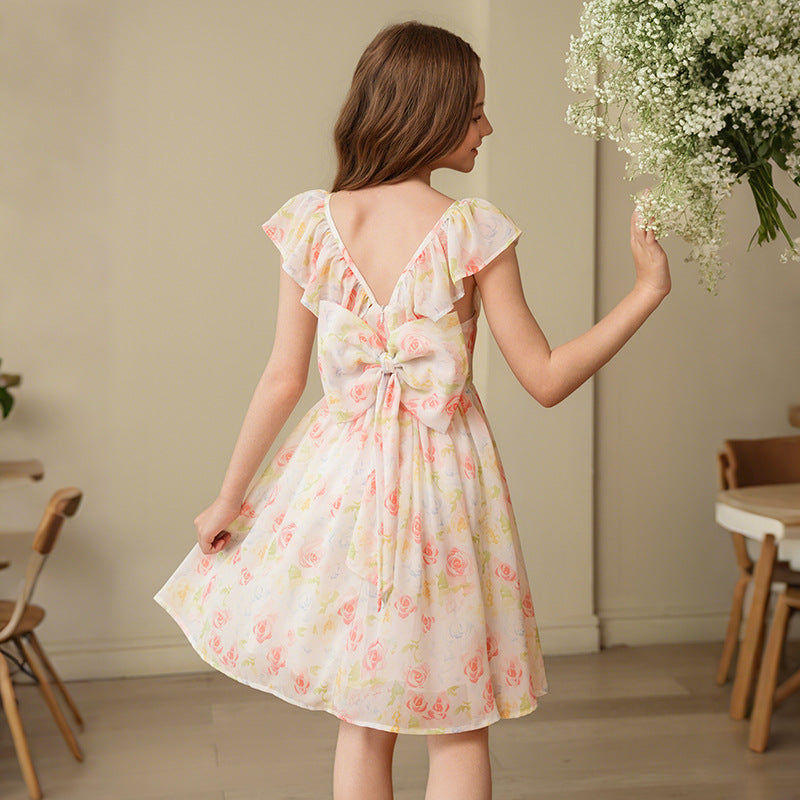 New girls' floral print dress - princess style, ruched waist, slim fit, fashionable kids' dress, beach dress